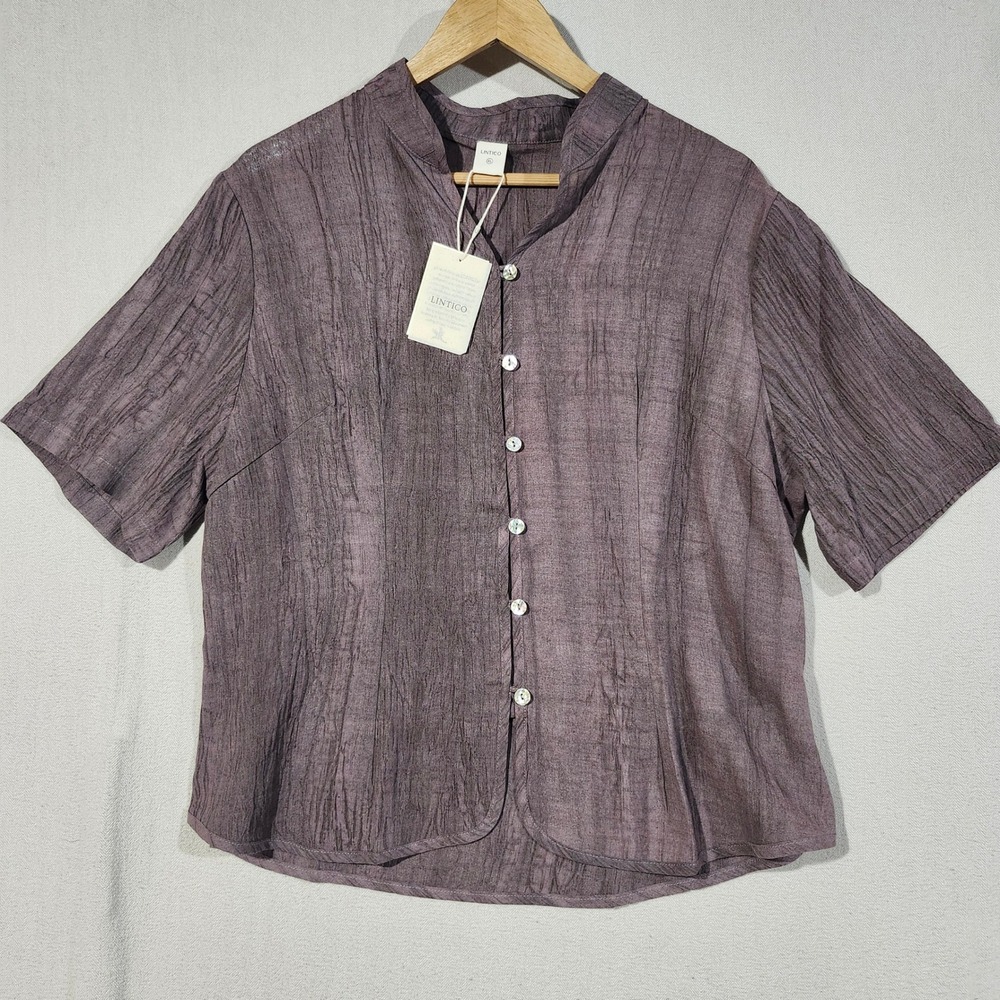 Lintico XL Mauve Ramie Lyocell Textured Short Sleeve Button Down Blouse NEW